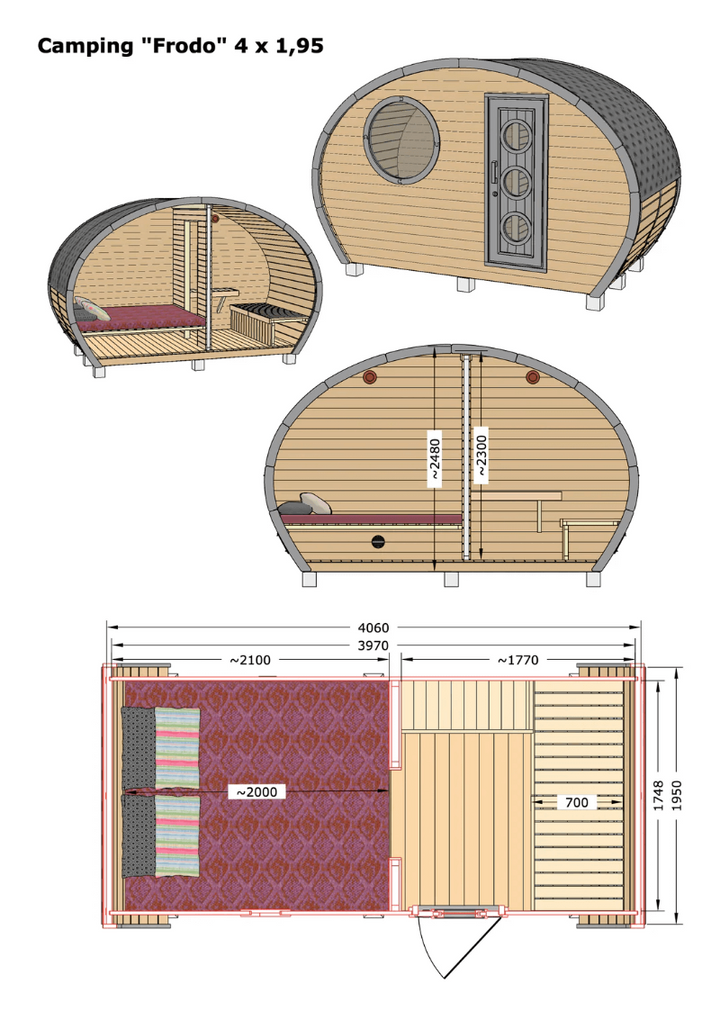 Technical drawing and layout of the InMedias Frodo Camping 195 pod with detailed room measurements and floor plan, on a white background.