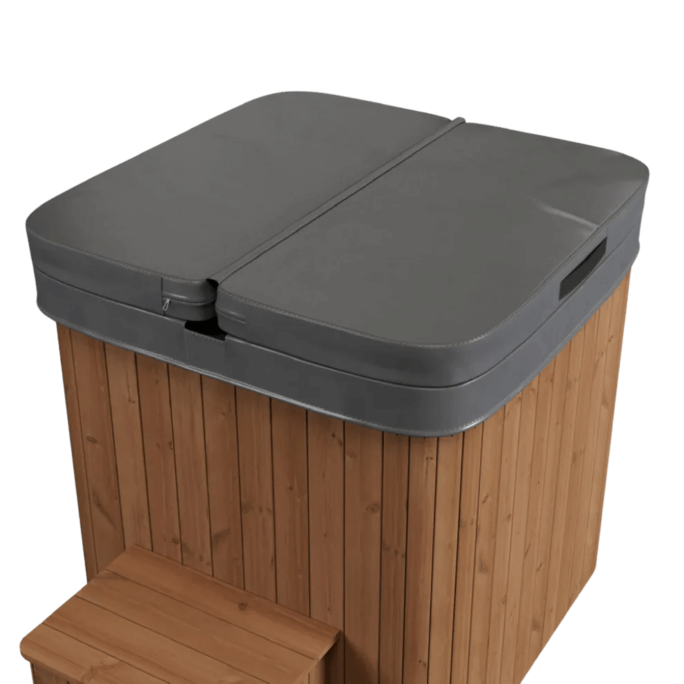 Square wooden cold plunge tub with grey insulated lid and wooden step on a transparent background