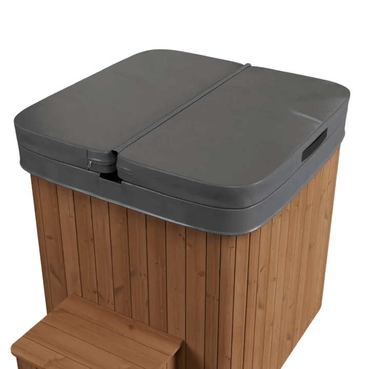 Square wooden cold plunge tub with grey insulated lid and wooden step on a transparent background