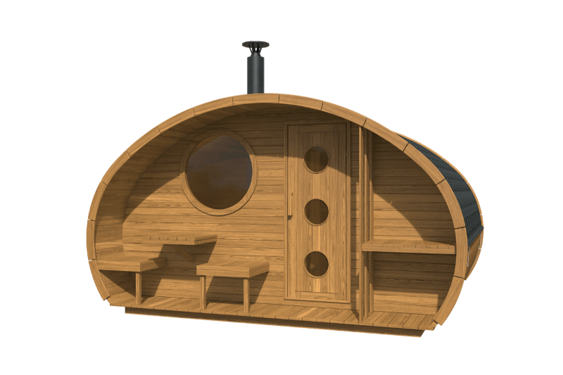 InMedias Oval Sauna Frodo 300 outdoor render, featuring front view with benches and chimney , on a brown background.