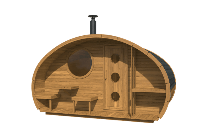 InMedias Oval Sauna Frodo 300 outdoor render, featuring front view with benches and chimney , on a brown background.