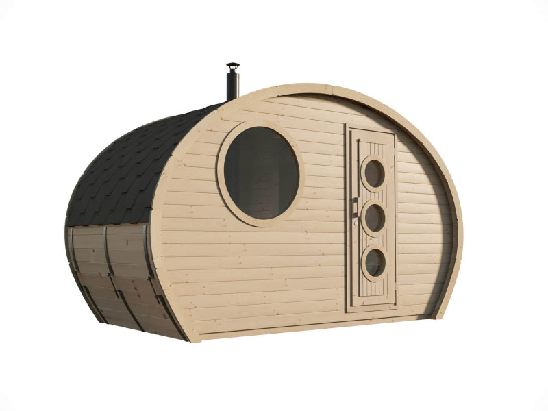Front angled render of the InMedias Oval Sauna Frodo 195 with light wood exterior, circular windows on the door and side wall, on a white background.