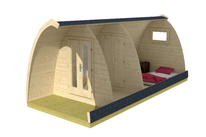 Interior view of InMedias Camping Pod 480 showing a bed, nightstand, and wooden walls on a white background.