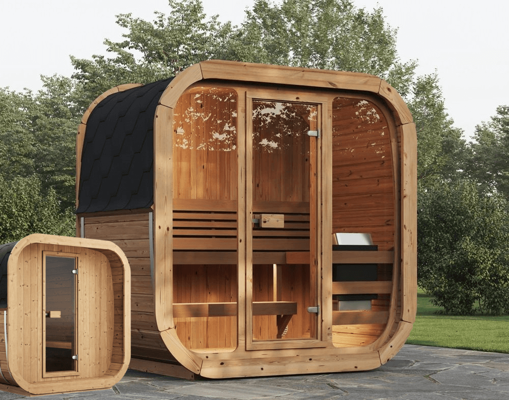InMedias Sauna Icon 125 with mini sauna – a tall version of the Icon sauna next to a smaller matching unit, both with wooden finishes and glass fronts – outdoor paved area with trees in background.