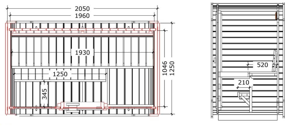InMedias Sauna Icon 125 internal floor plan – detailed architectural top-down drawing with seat and door measurements, on a white background.
