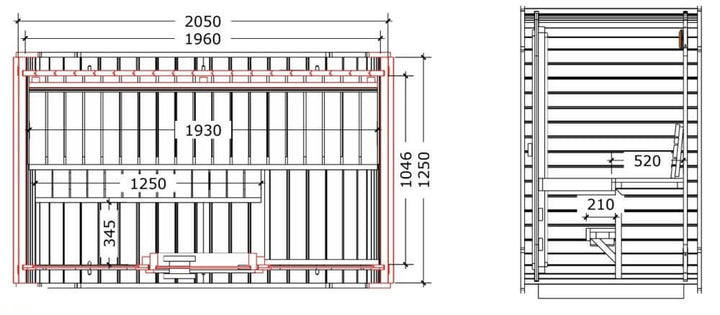 InMedias Sauna Icon 125 internal floor plan – detailed architectural top-down drawing with seat and door measurements, on a white background.