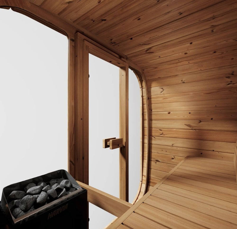 InMedias Sauna Icon 125 interior close-up – inside view looking toward the glass door and heater, showing curved wood walls and bench .