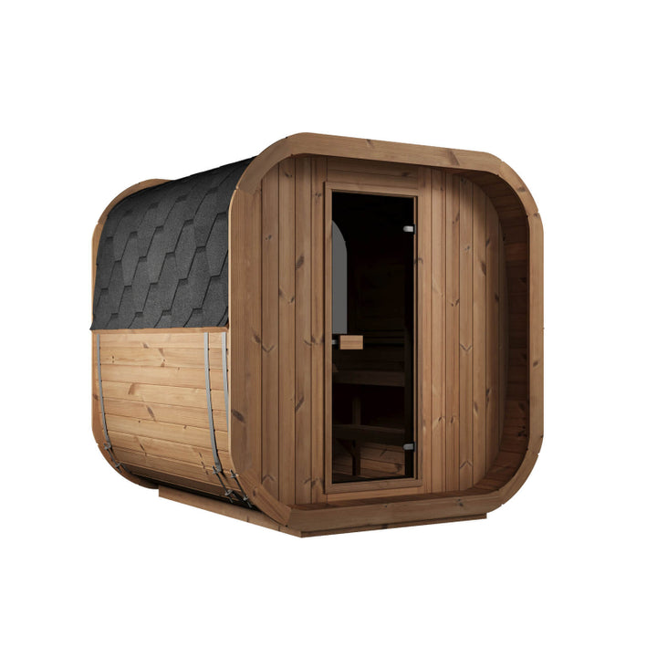 InMedias Sauna Icon 220XL, angled front view with black shingle roof — on a white background.