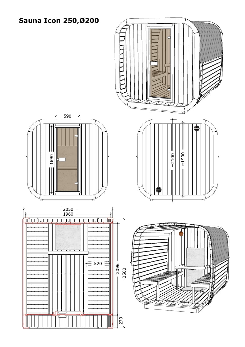 Technical illustration of the InMedias Sauna Icon 250S showing multiple perspectives including front, side, back, and interior layout, on a white background.