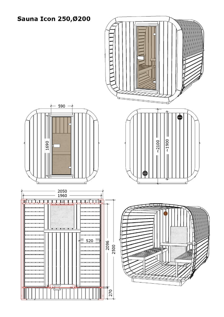 Technical illustration of the InMedias Sauna Icon 250S showing multiple perspectives including front, side, back, and interior layout, on a white background.