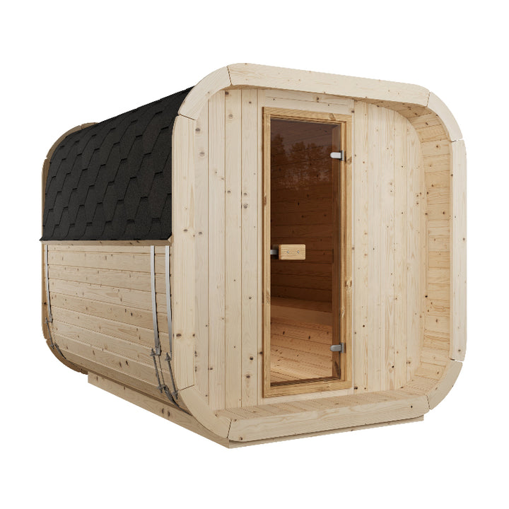 Angled front view of the InMedias Sauna Icon 250S showcasing a light wood body with a black shingle roof – on a white background.