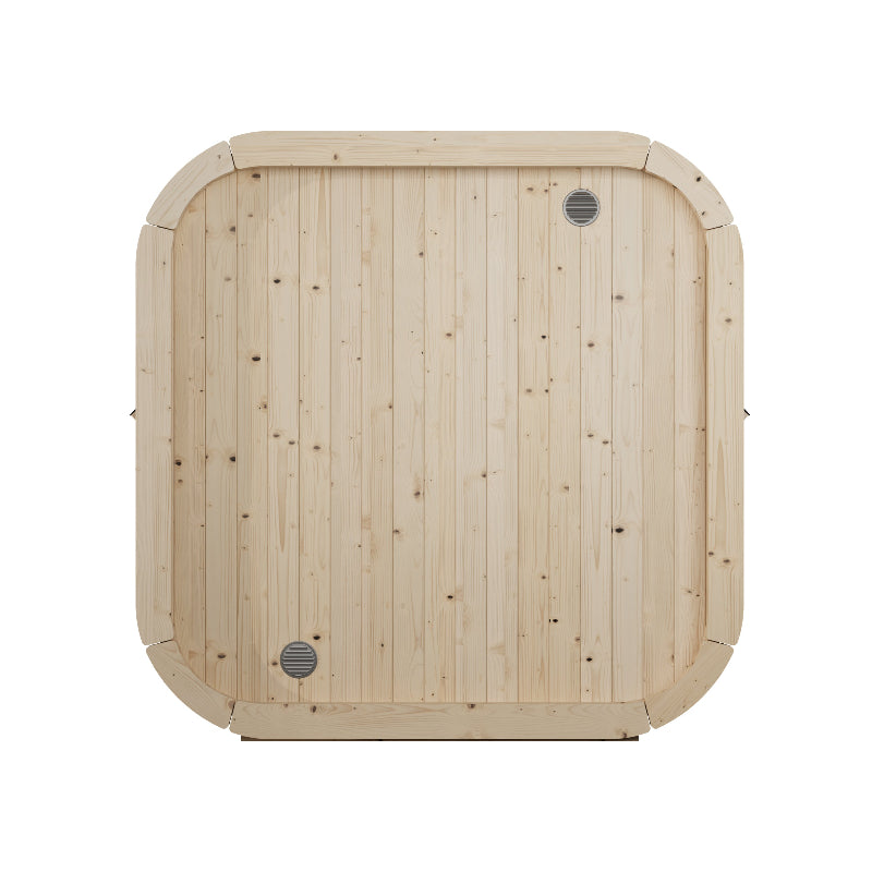 Rear view of the InMedias Sauna Icon 250S displaying the flat wooden back panel with ventilation vents , on a white background.