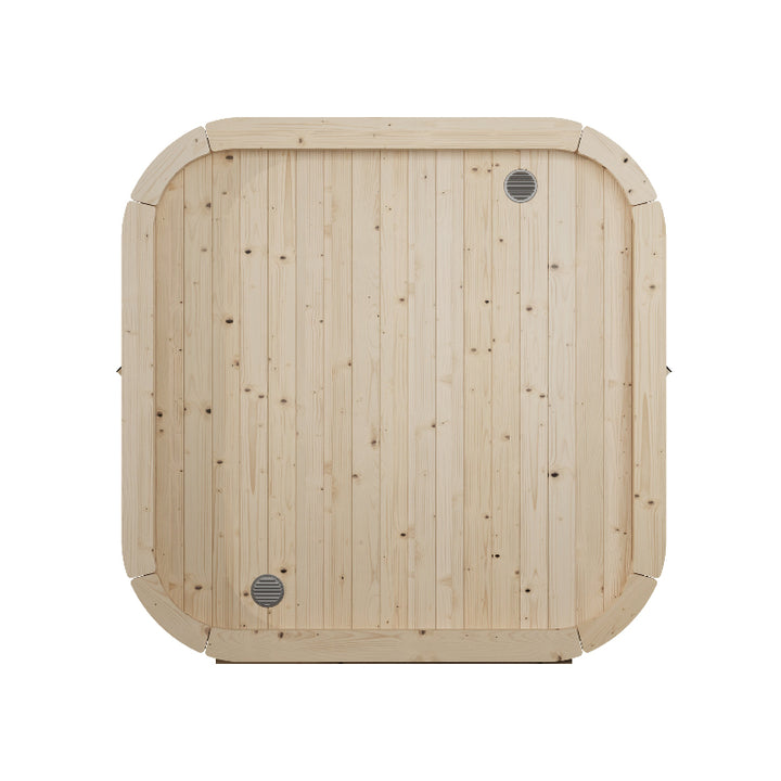 Rear view of the InMedias Sauna Icon 250S displaying the flat wooden back panel with ventilation vents , on a white background.