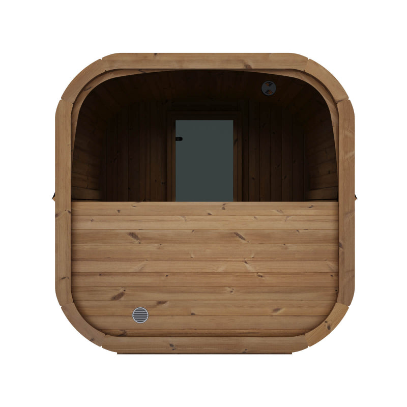 Rear view of InMedias Sauna Icon 220XL showing wood paneling and small window , on a white background.