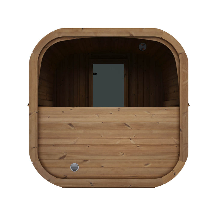 Rear view of InMedias Sauna Icon 220XL showing wood paneling and small window , on a white background.