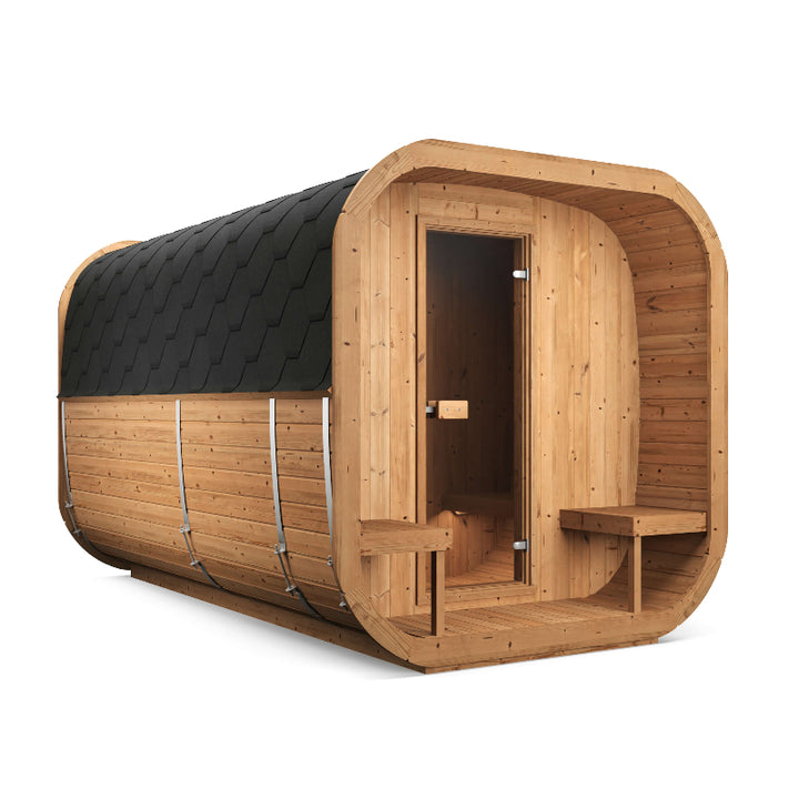 InMedias Sauna Icon 385XL angled front-side view showing full exterior wood texture and black hexagonal roof shingles , on a white background.