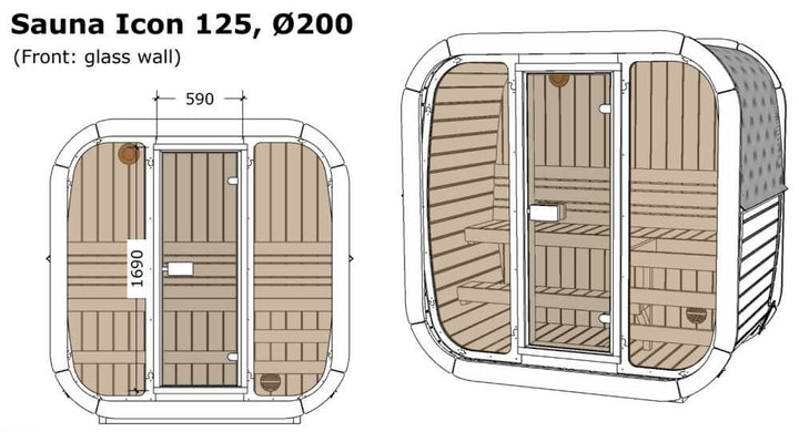 InMedias Sauna Icon 125 design drawing – a technical diagram showing interior bench layout and front glass wall, labeled dimensions and heater position ,on a white background.