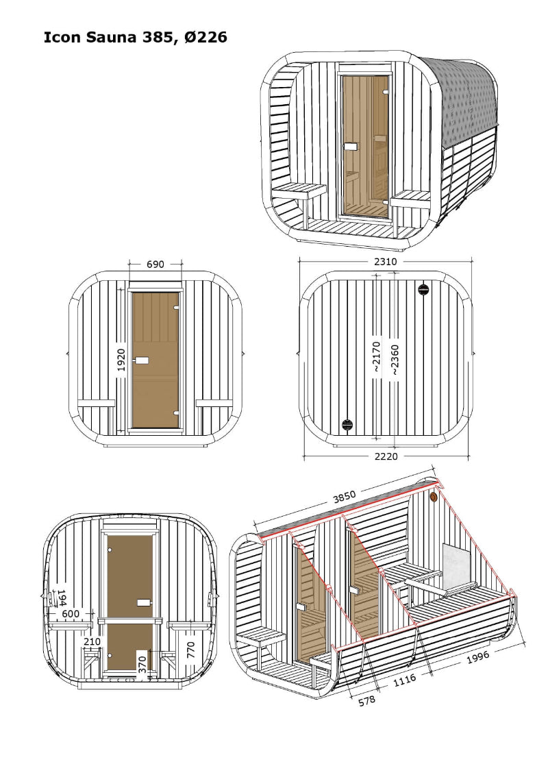 InMedias Sauna Icon 385XL technical drawing with labeled dimensions and internal sectional layout, on a white background.