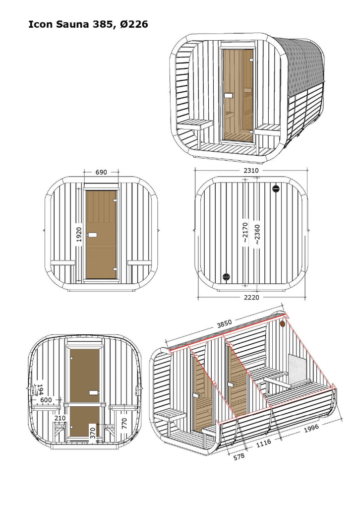 InMedias Sauna Icon 385XL technical drawing with labeled dimensions and internal sectional layout, on a white background.