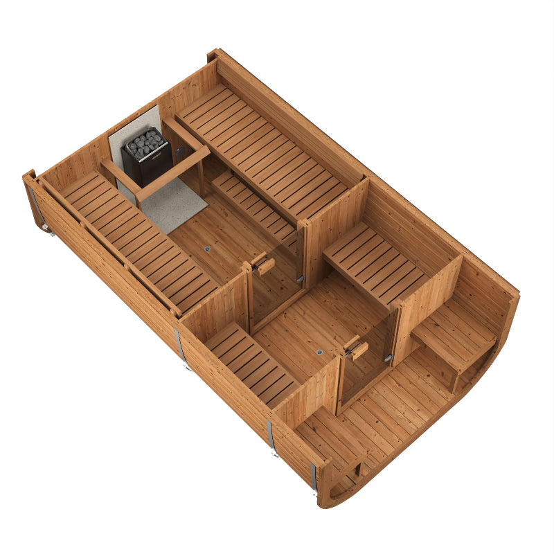 InMedias Sauna Icon 385XL top-down cutaway view showing full interior layout with benches, heater, and partition walls, on a white background.