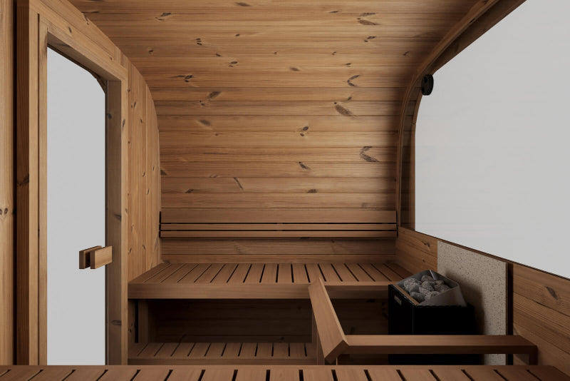 Interior side view of InMedias Sauna Icon 220XL with window and heater.