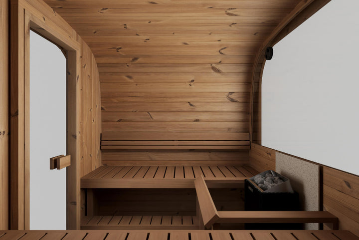 Interior side view of InMedias Sauna Icon 220XL with window and heater.