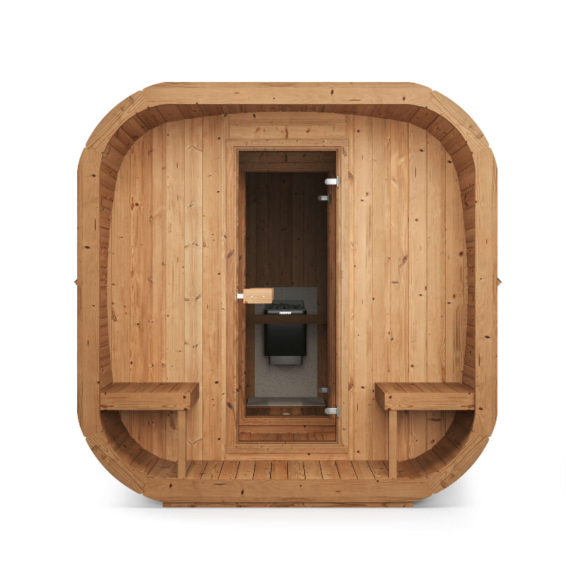 InMedias Sauna Icon 385XL front view with door slightly ajar and visible heater inside ,on a white background.