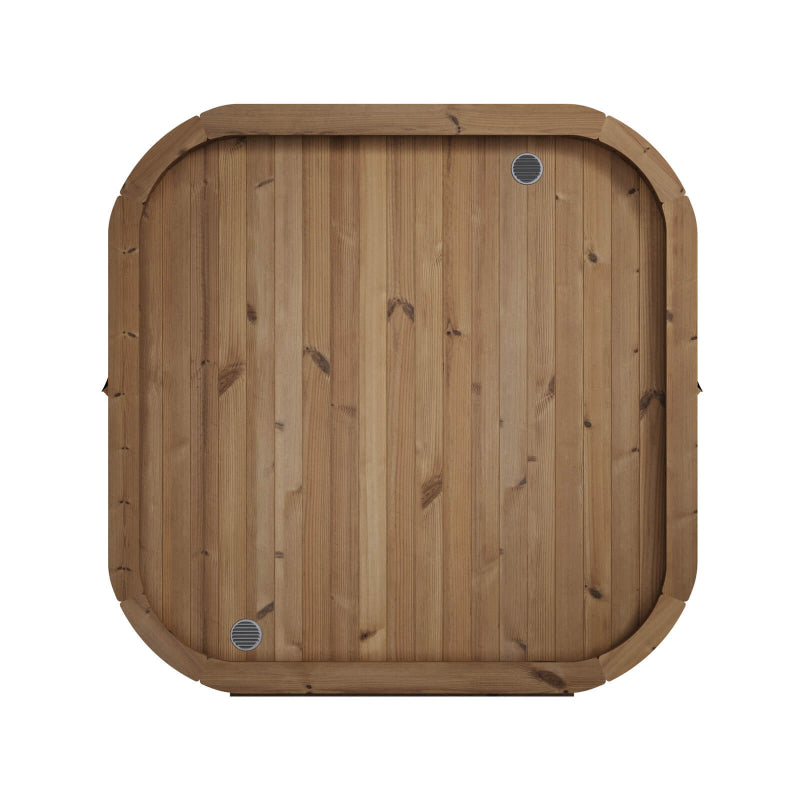 Top view of InMedias Sauna Icon 220XL wooden roof with ventilation holes , on a white background.