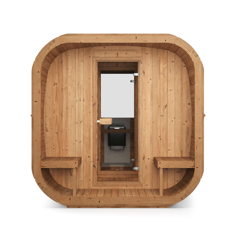 InMedias Sauna Icon 385XL front view with open doorway and benches on both sides ,on a white background.