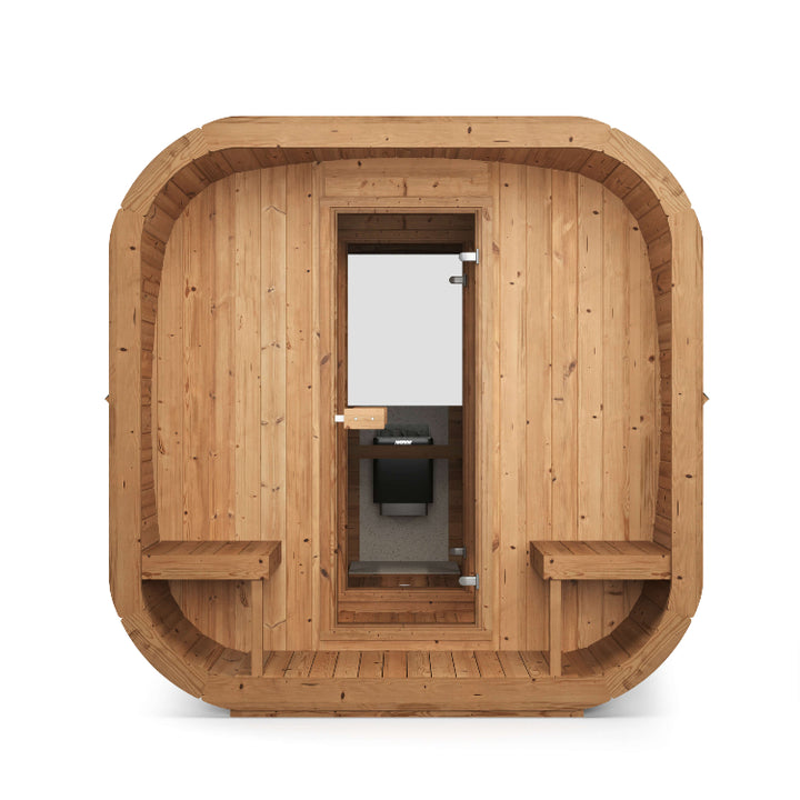 InMedias Sauna Icon 385XL front view with open doorway and benches on both sides ,on a white background.