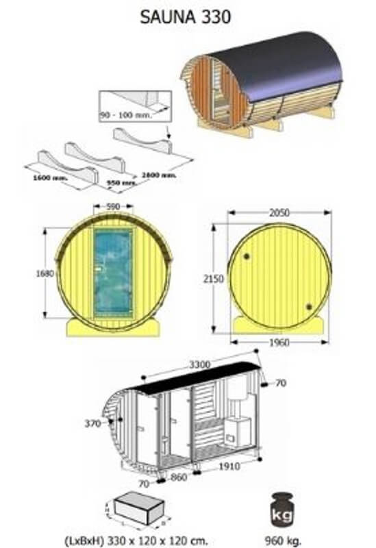 Technical diagram of InMedias Barrel Sauna 330 with labeled dimensions and weight — on a white background.