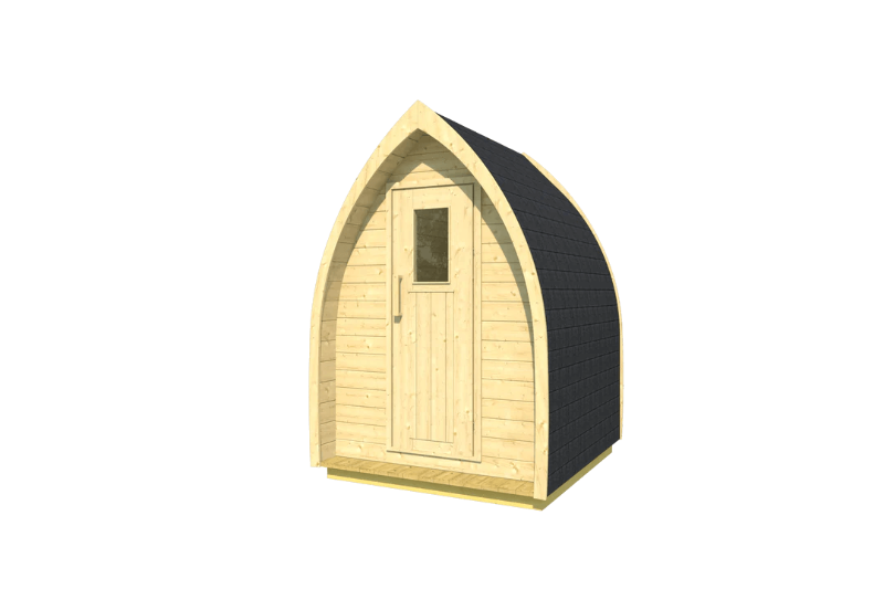 InMedias Toilet Barrel digital render of a light pine wood toilet pod with pointed top and black shingle roof – on a transparent background.