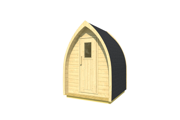 InMedias Toilet Barrel digital render of a light pine wood toilet pod with pointed top and black shingle roof – on a transparent background.