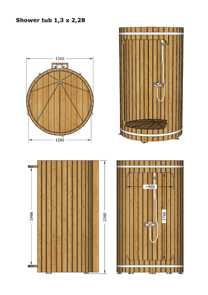 Technical drawing of InMedias Shower Barrel 1.3 x 2.28 – includes top, side, and front views with measurements, on a white background.