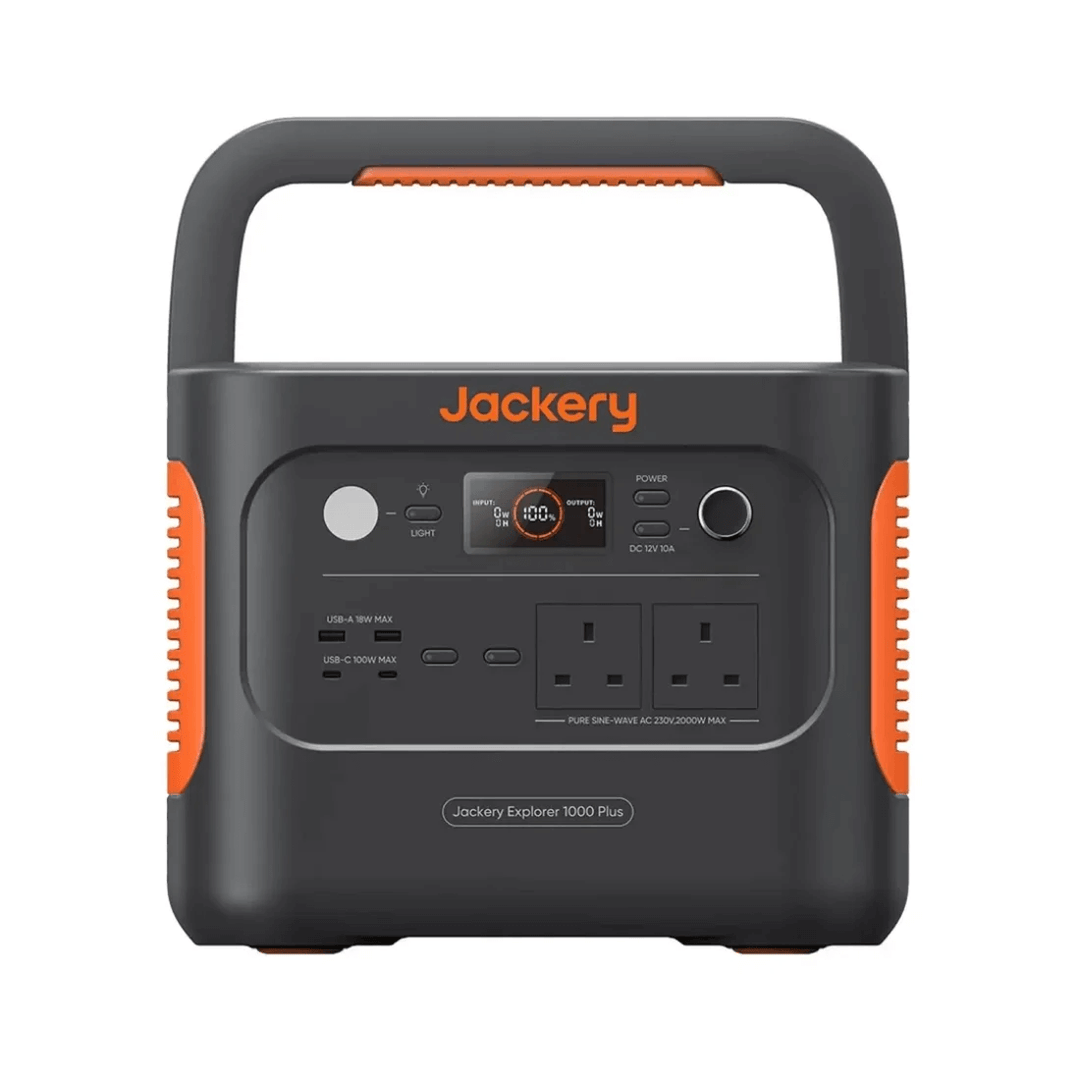 Front view of Jackery Explorer 1000 Plus Portable Power Station showing all ports and display on a white background.