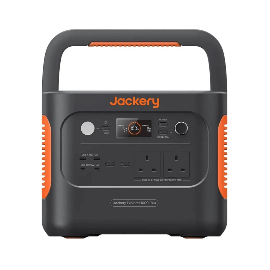 Front view of Jackery Explorer 1000 Plus Portable Power Station showing all ports and display on a white background.