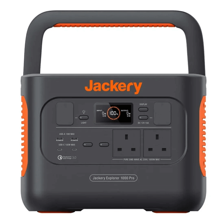 Front close-up of Jackery Explorer 1000 Pro displaying ports, buttons, and digital screen, on a white background.