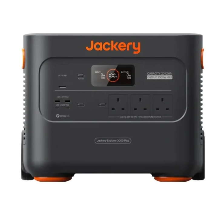 Front view of the Jackery Explorer 2000 Plus Portable Power Station with display and outlets on a white background.