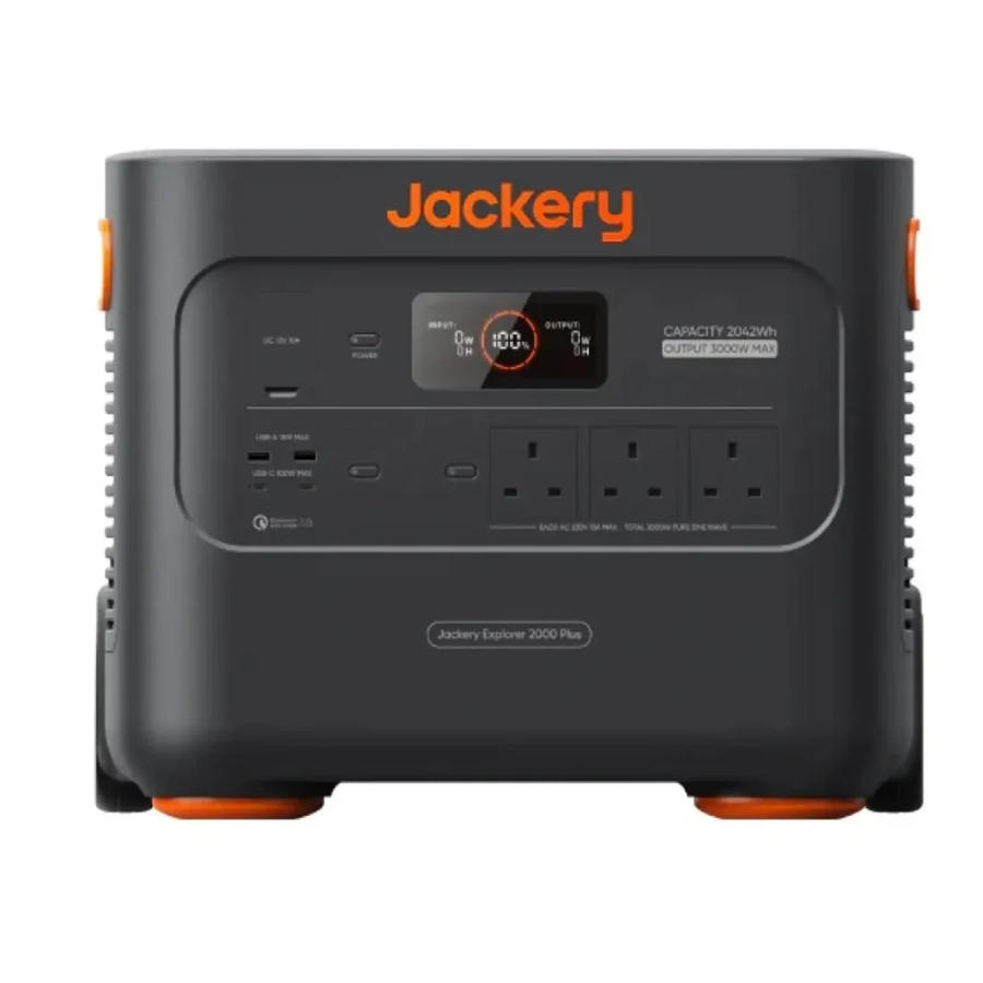 Front view of the Jackery Explorer 2000 Plus Portable Power Station with display and outlets on a white background.