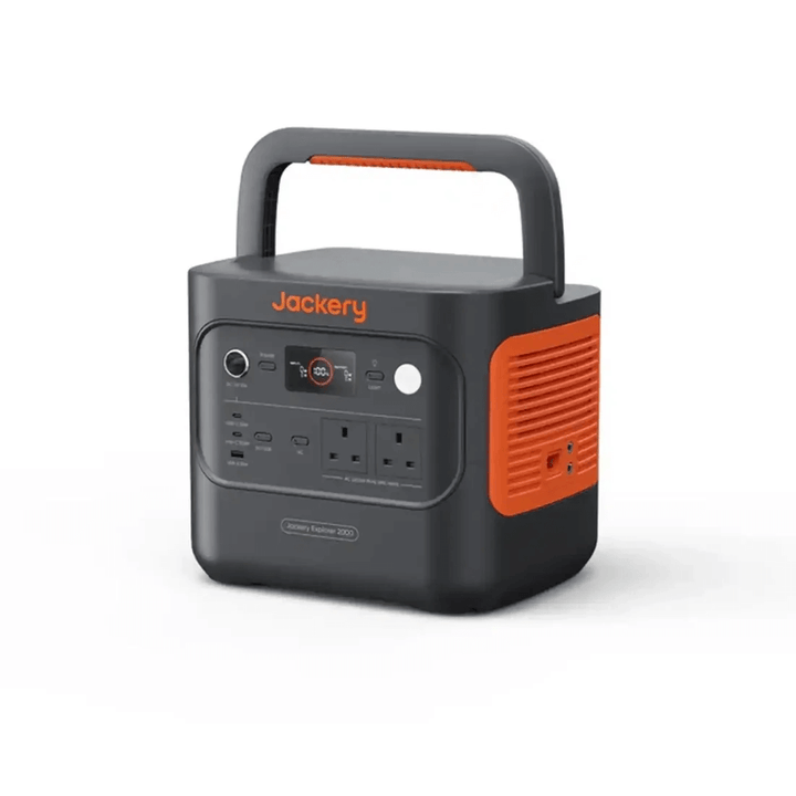 Jackery Explorer 2000 V2 portable power station angled right view with visible side vent and ports, on a white background.