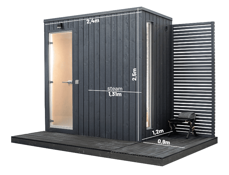 KUUT 2-person steam sauna with black vertical wood panels, glass door, and labeled exterior dimensions, including steam room width, height, and deck measurements, on a transparent background.