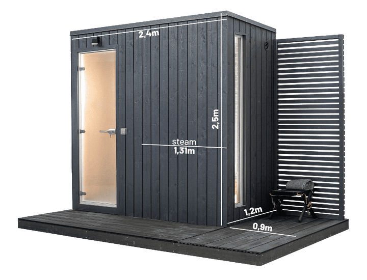 KUUT 2-person steam sauna with black vertical wood panels, glass door, and labeled exterior dimensions, including steam room width, height, and deck measurements, on a transparent background.