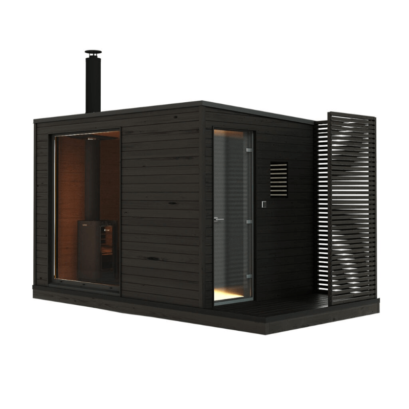 KUUT 2-person wood-fired outdoor sauna with dark wooden exterior, visible chimney, and privacy screen, on a white background.