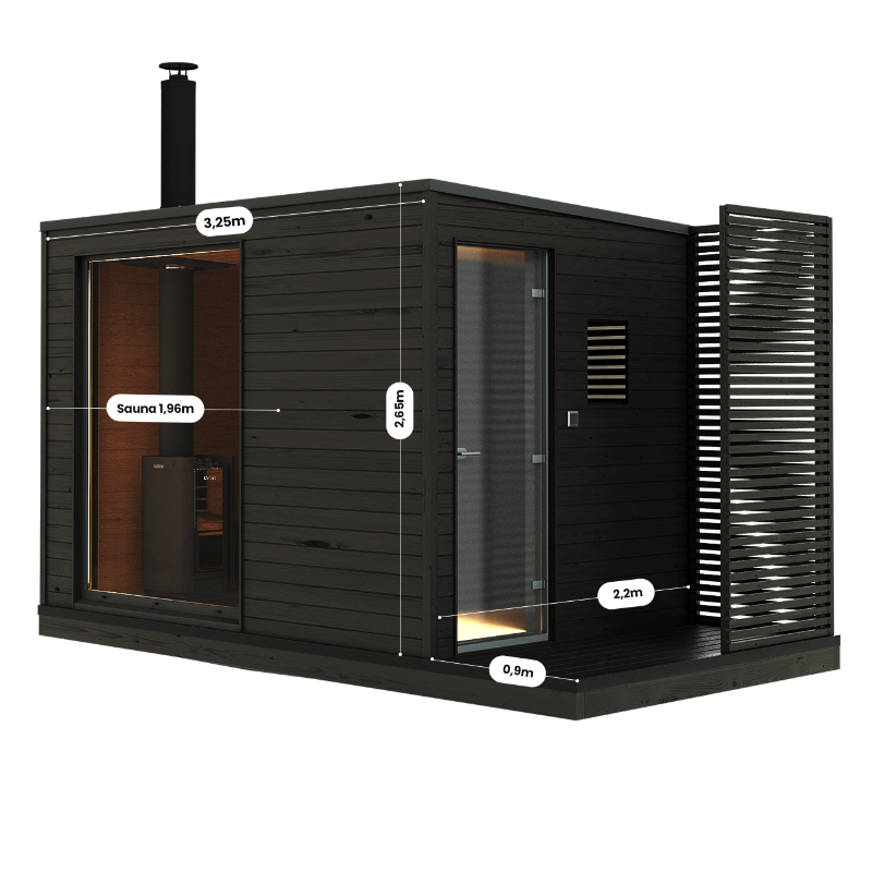 KUUT 2-person wood-fired outdoor sauna cabin with visible dimensions labeled, showing a black wood exterior, chimney, and glass door, on a transparent background.