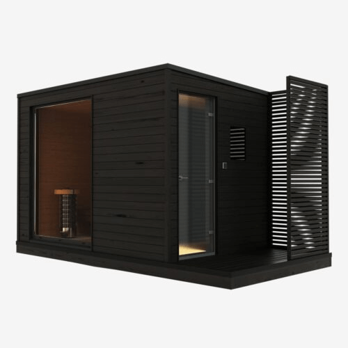 KUUT electric outdoor sauna cabin for two people, with a black wood exterior, large window, and privacy screen, on a white background.