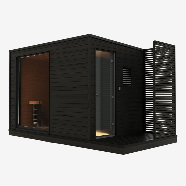 KUUT electric outdoor sauna cabin for four people, with a black wood exterior, large window, and privacy screen, on a white background.