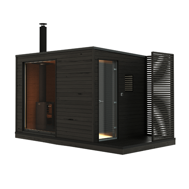 KUUT 4-person wood-fired outdoor sauna with a black wood exterior, glass door, chimney, and privacy screen, on a white background.