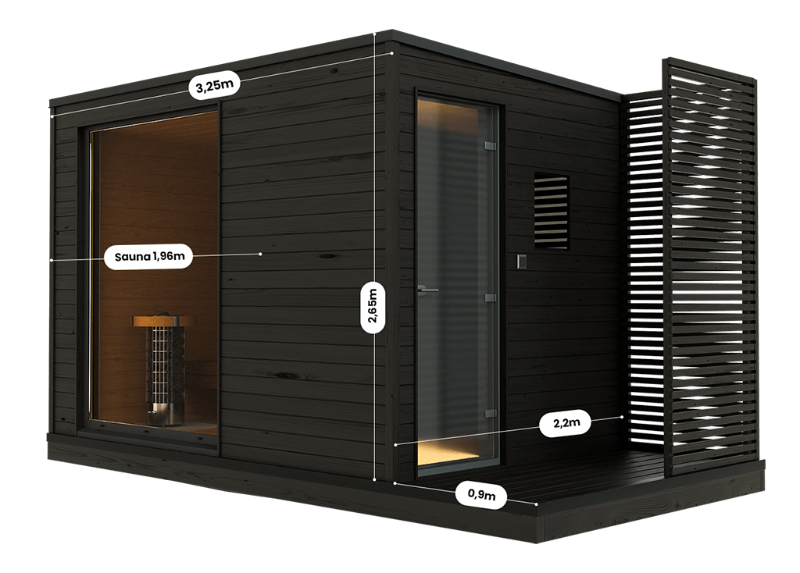 KUUT electric outdoor sauna cabin with labeled dimensions including width, height, and sauna room size, featuring dark wooden panels and glass door, on a transparent background.