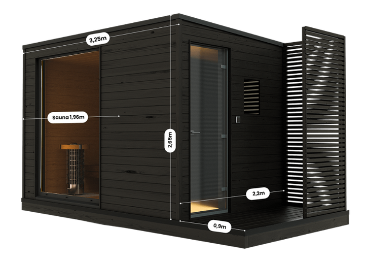 KUUT electric outdoor sauna cabin with labeled dimensions including width, height, and sauna room size, featuring dark wooden panels and glass door, on a transparent background.