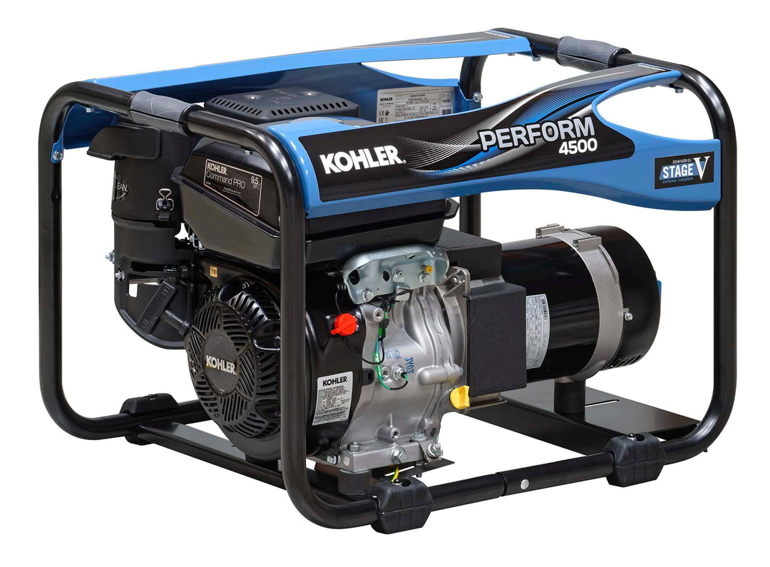 Kohler Perform 4500 TB UK C5 open-frame generator featuring a Kohler Command PRO engine and blue protective frame, shown on a white background.